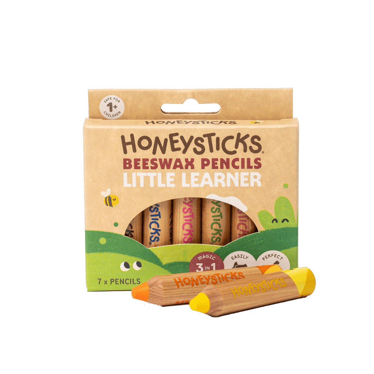 Box of Honeysticks Beeswax Pencils with two pencils displayed in front on a green background
