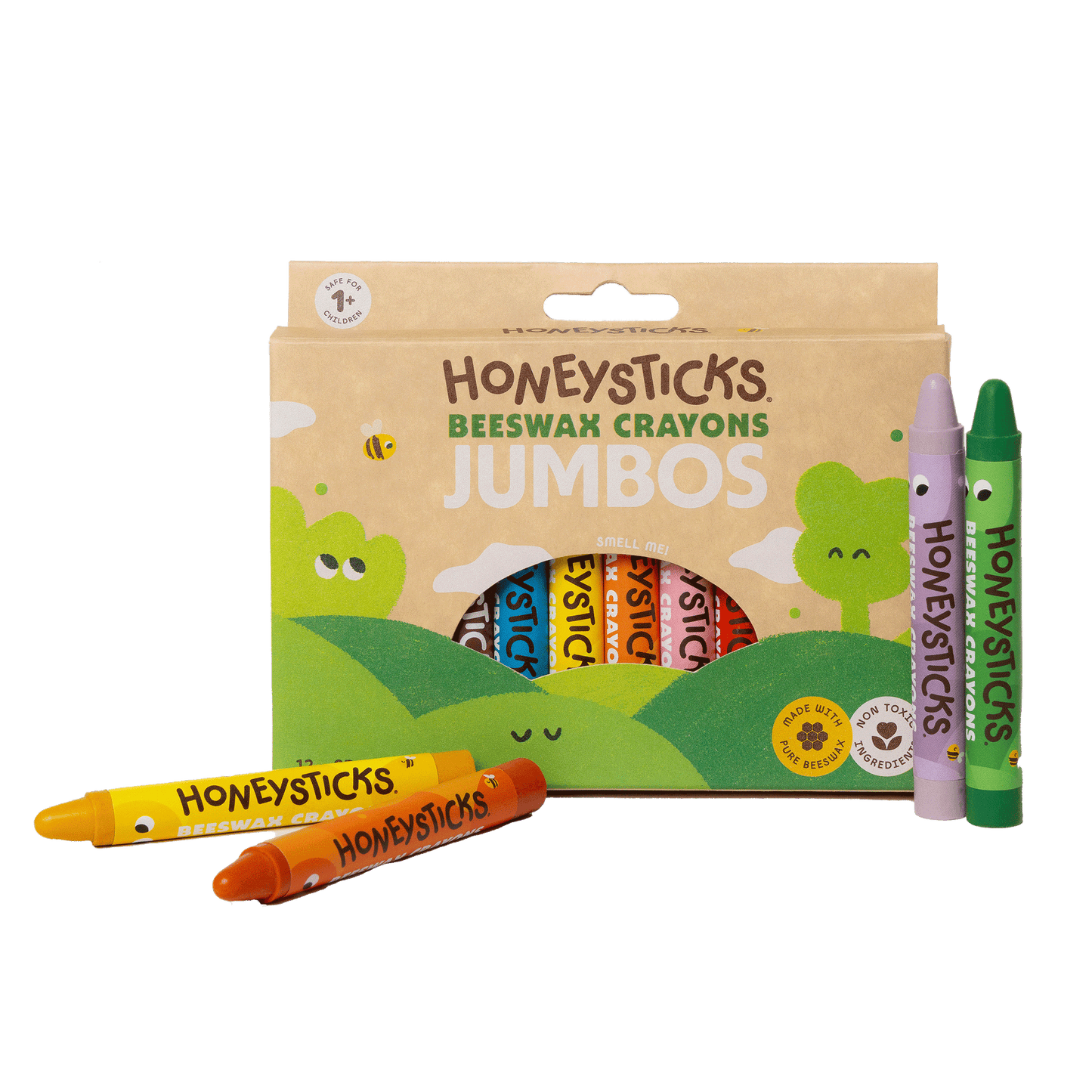 Honeysticks Beeswax Crayons Jumbos packaging with crayons displayed in front on a white background