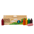 Honey Sticks Beeswax Crayons Originals 10-piece set in a natural kraft paper box, with five crayons lined up in front showing the vibrant wax colors.