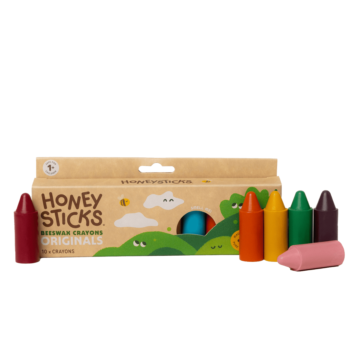 Honey Sticks Beeswax Crayons Originals 10-piece set in a natural kraft paper box, with five crayons lined up in front showing the vibrant wax colors.