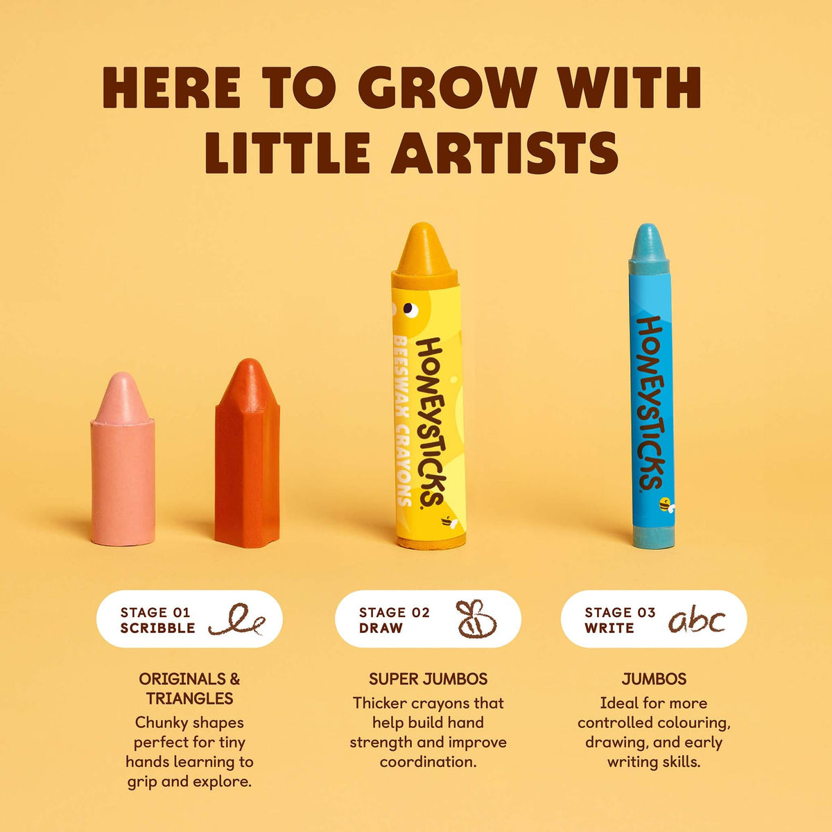 Set of HoneySticks crayons with stages for children's development on a yellow background
