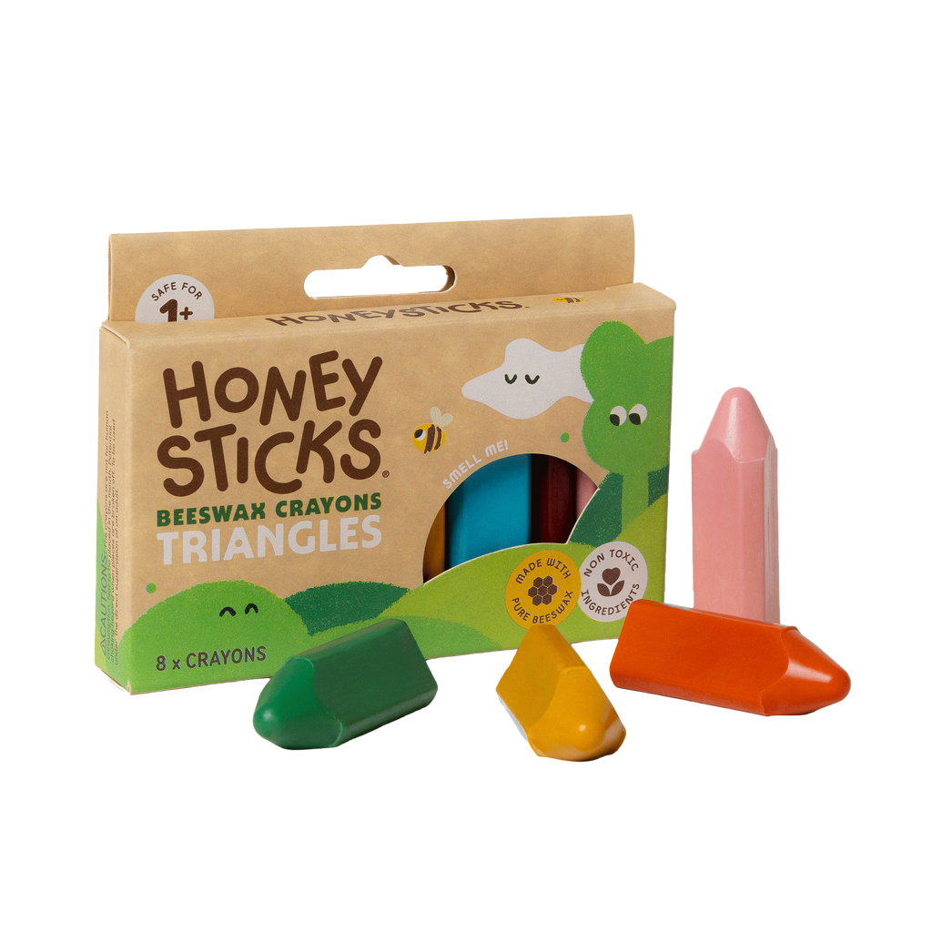 Honey Sticks beeswax crayons packaging with crayons displayed on a white background