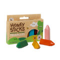 Honey Sticks beeswax crayons packaging with crayons displayed on a white background