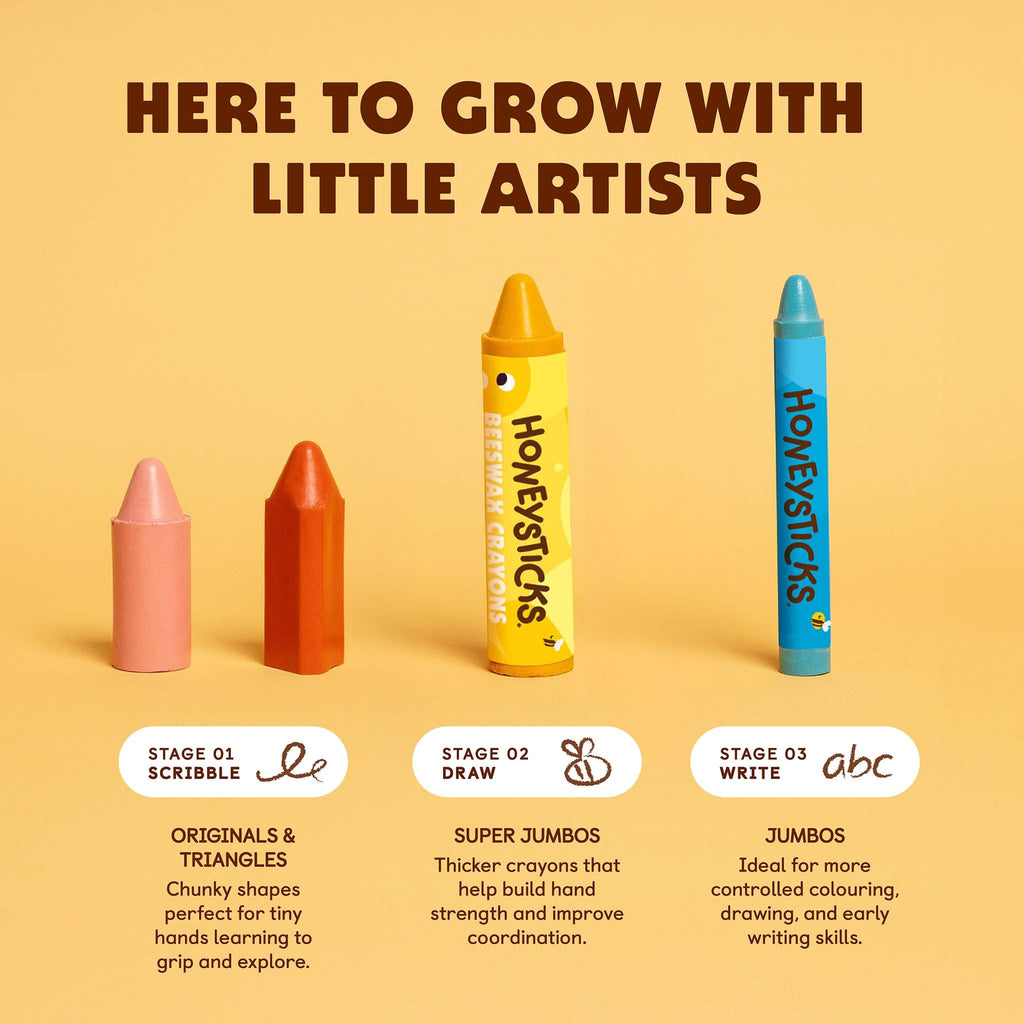 Set of HoneySticks crayons with stages for children's development on a yellow background