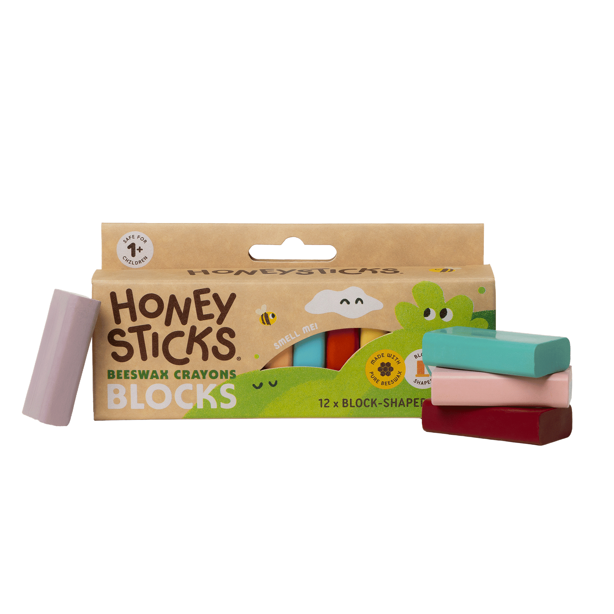 Honey Sticks Beeswax Crayons Blocks packaging with crayons on a green background