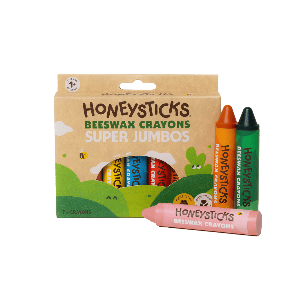 Packaging of Honeysticks Beeswax Crayons with crayons displayed in front on a white background