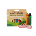 Packaging of Honeysticks Beeswax Crayons with crayons displayed in front on a white background