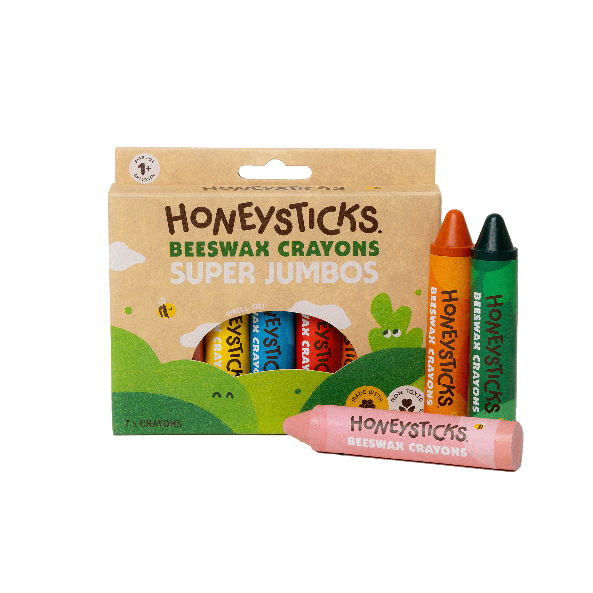 Packaging of Honeysticks Beeswax Crayons with crayons displayed in front on a white background