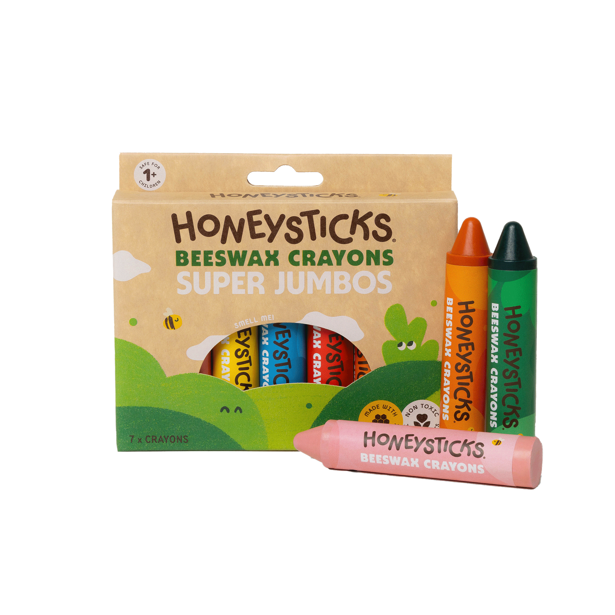 Packaging of Honeysticks Beeswax Crayons with crayons displayed in front on a white background