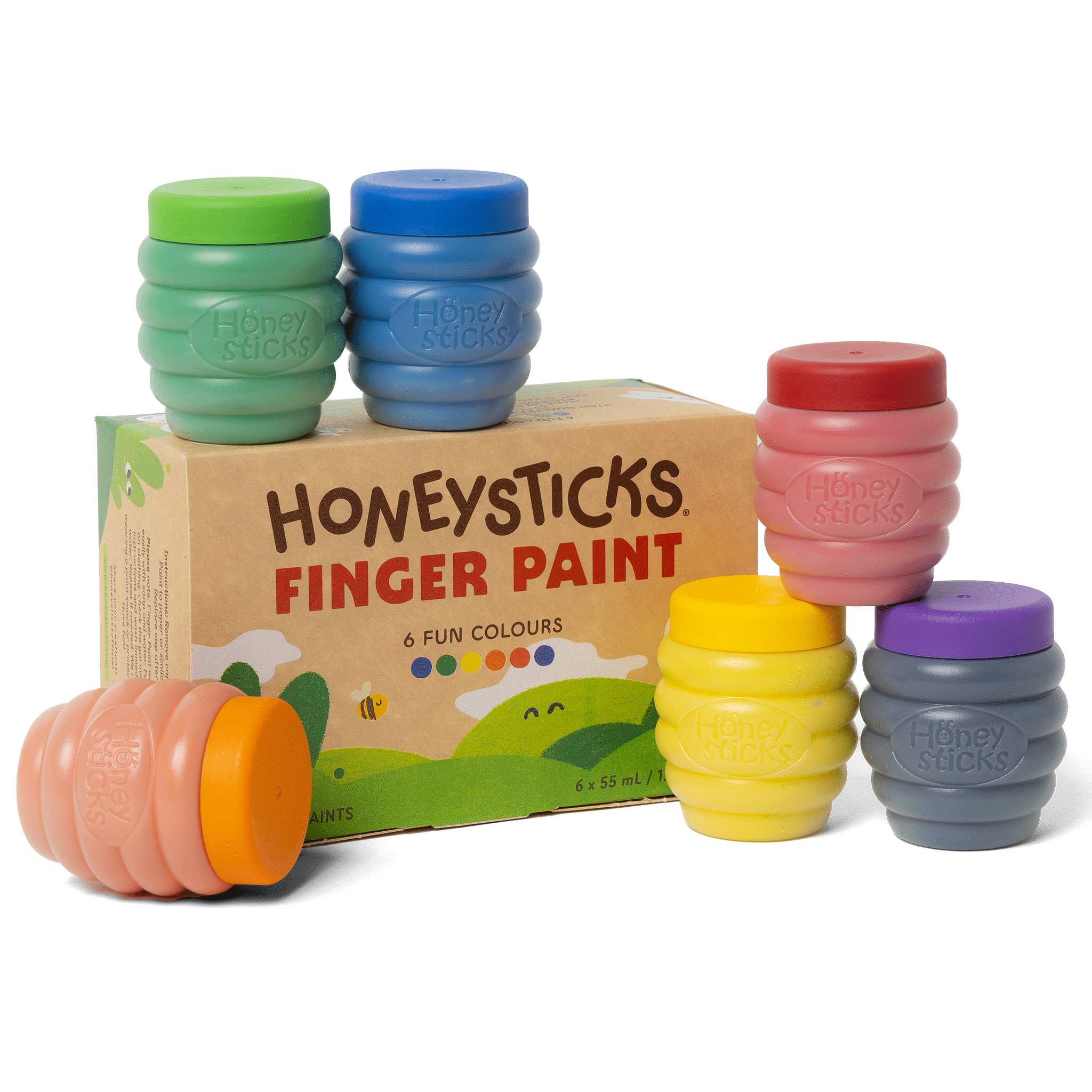 Set of colorful Honeysticks finger paint containers with packaging on a white background