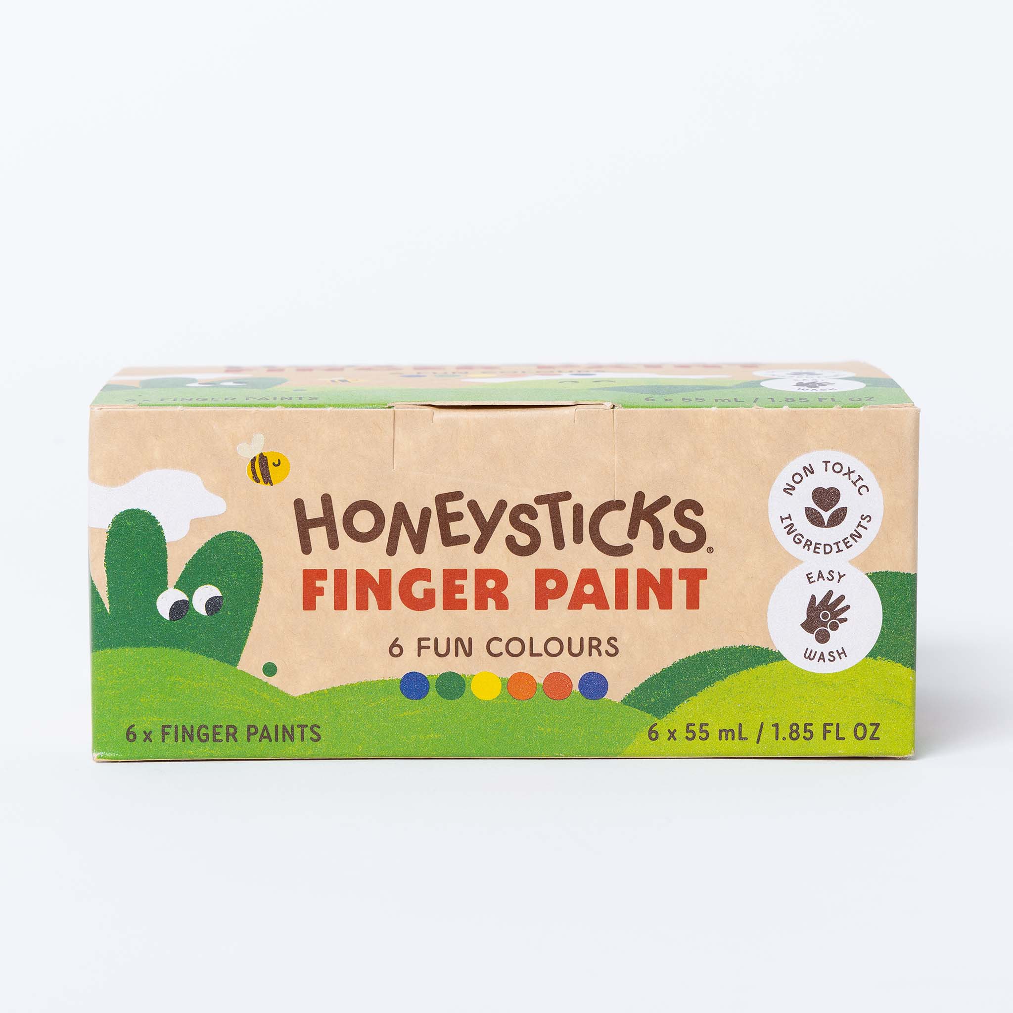 Box of Honeysticks finger paint with colorful labels on a white background