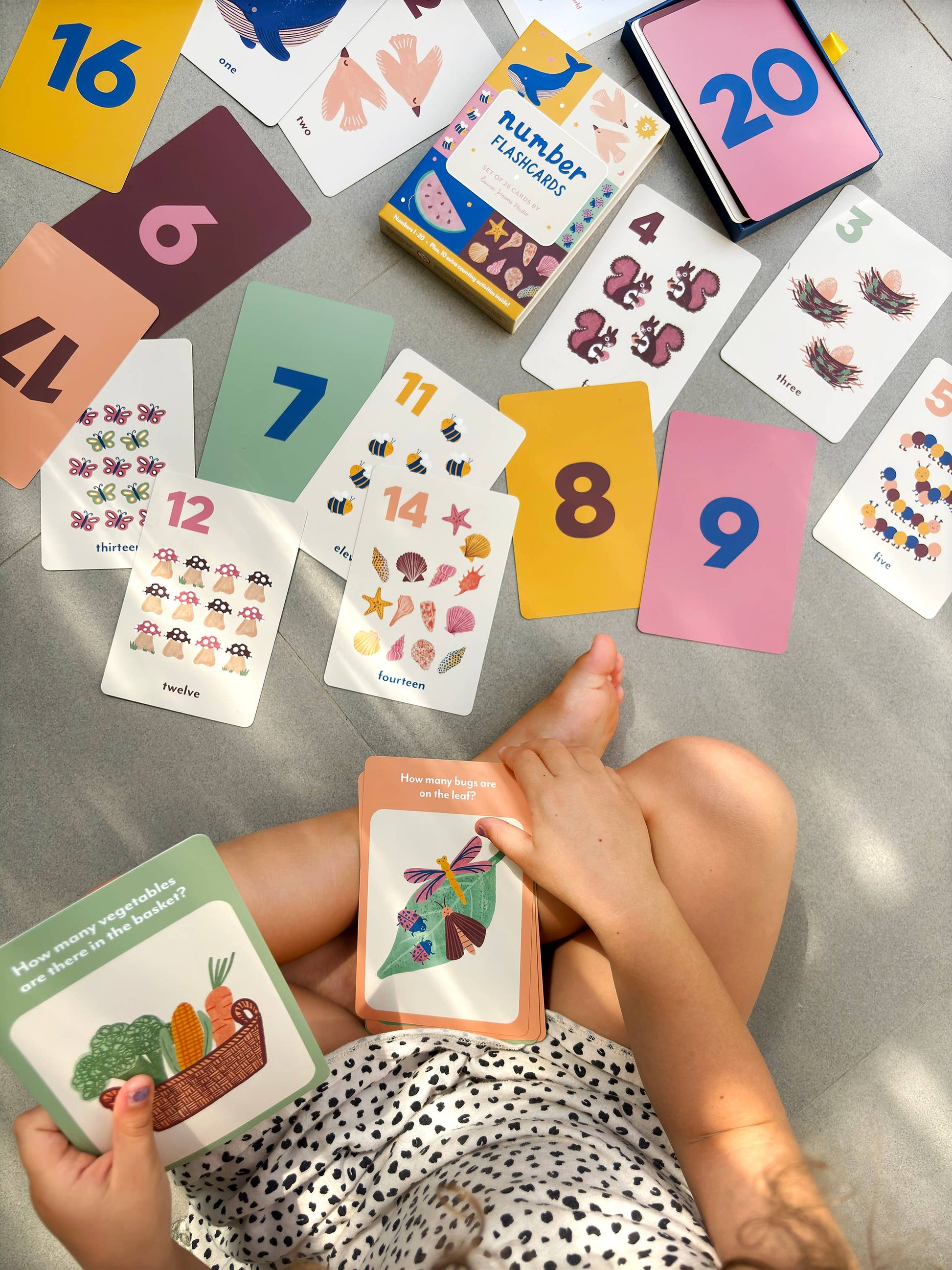 A collection of colorful illustrated flash cards for numbers 1-20 with nature-inspired illustrations, rounded corners, and a title card visible.