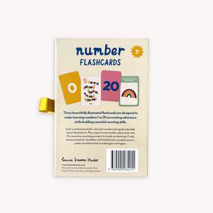 A collection of colorful illustrated flash cards for numbers 1-20 with nature-inspired illustrations, rounded corners, and a title card visible.