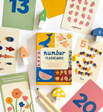 A collection of colorful illustrated flash cards for numbers 1-20 with nature-inspired illustrations, rounded corners, and a title card visible.