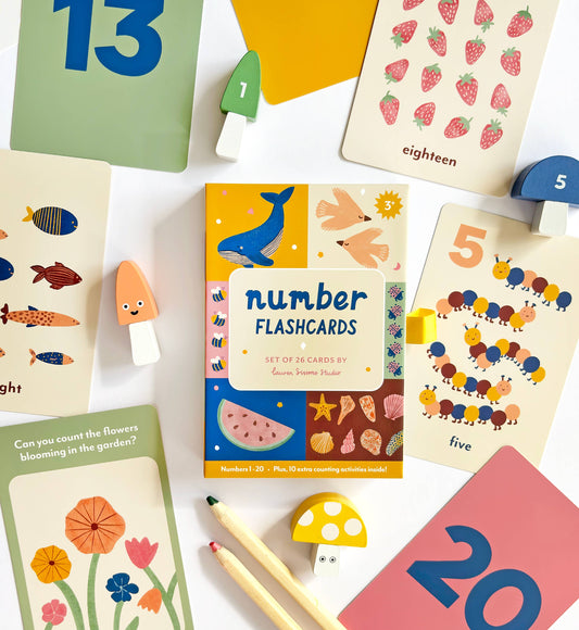 A collection of colorful illustrated flash cards for numbers 1-20 with nature-inspired illustrations, rounded corners, and a title card visible.