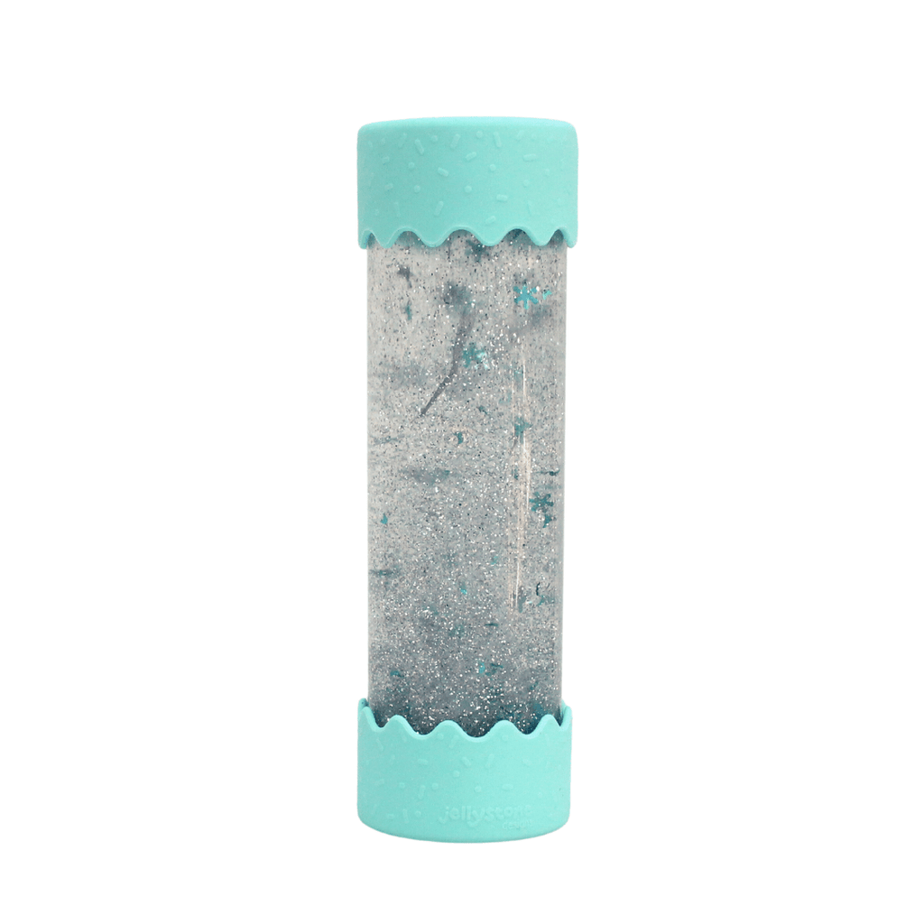 A Baby Calm Down Bottle with a transparent body and blue lid, filled with sparkles and water, providing visual stimulation for infants.