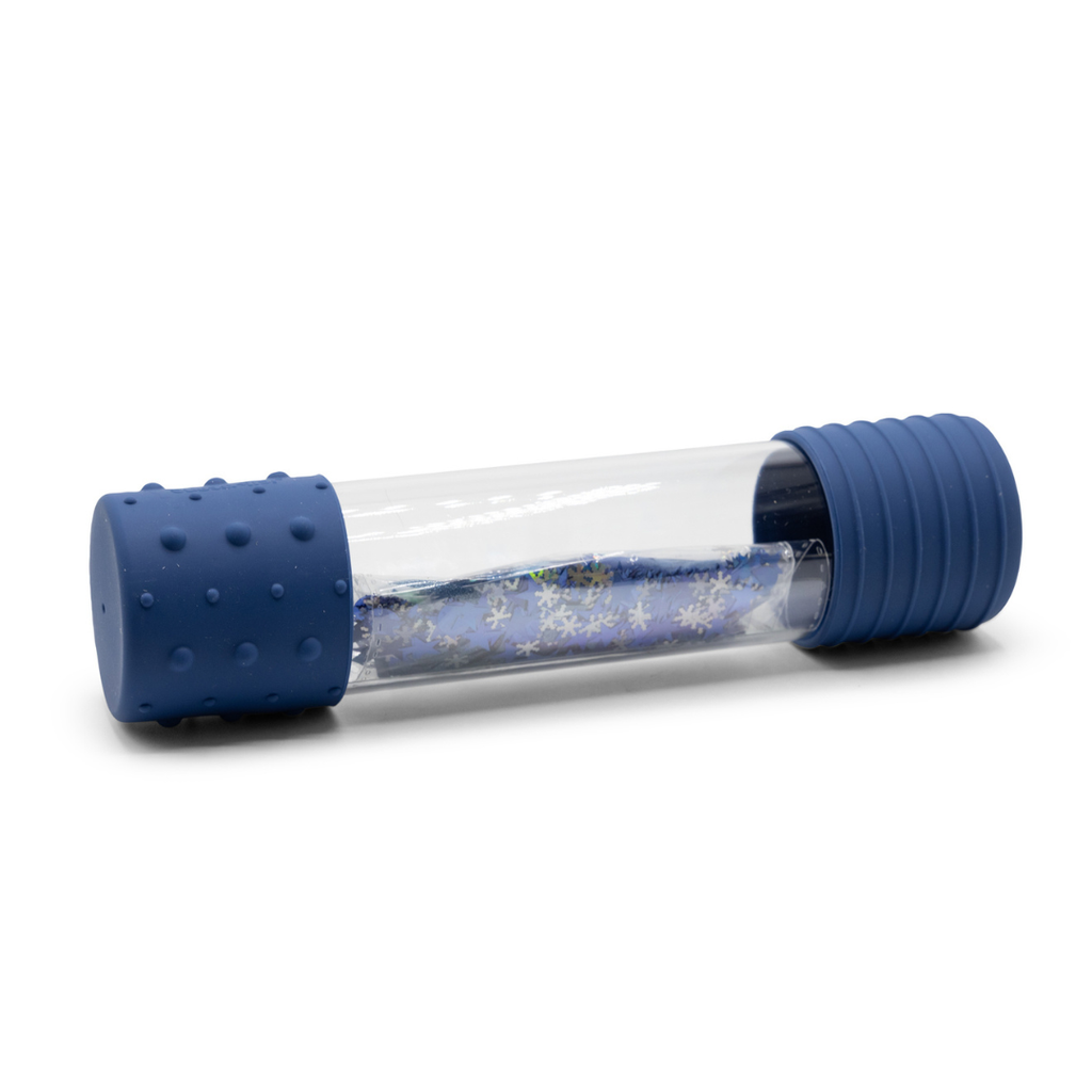 A sensory bottle with clear content tube and blue silicone caps, designed for calming down and sensory play.