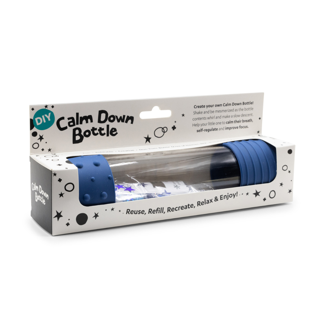 A packaged DIY Calm Down Bottle kit with a clear cylindrical container and blue silicone elements, displayed in its box which has 'Reuse, Refill, Recreate, Relax & Enjoy' text.