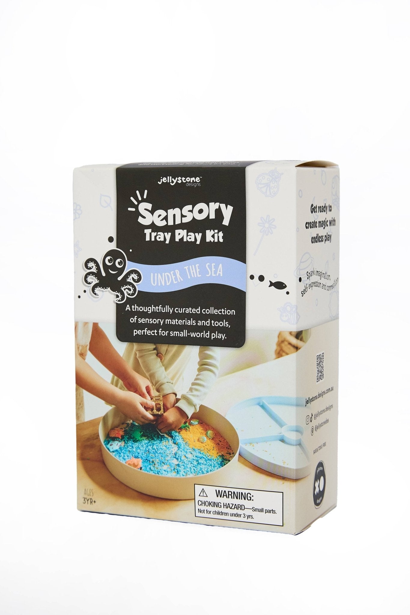 Sensory tray play kit packaging with text and images on a white background