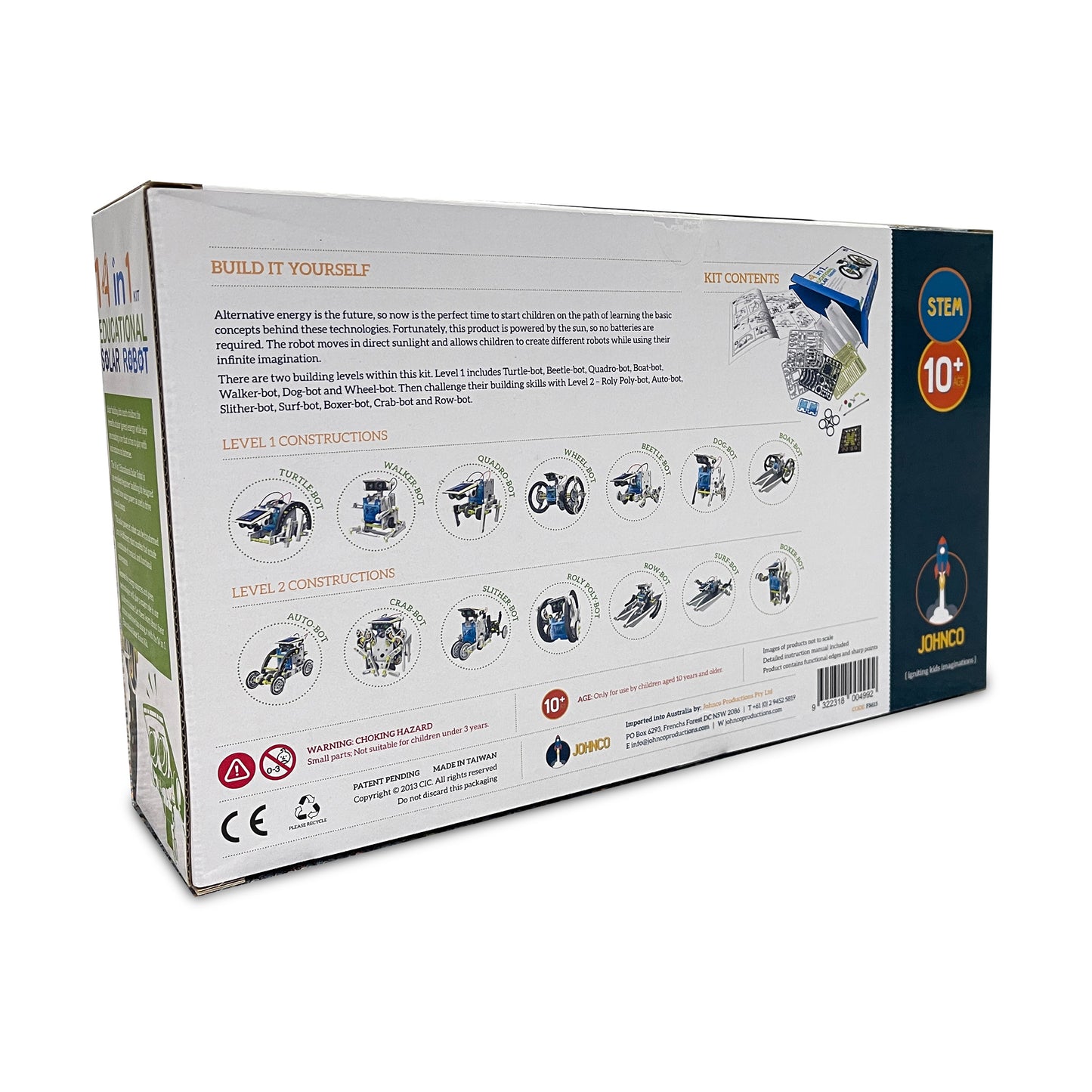 Back of packaging showing different construction models on a white background.