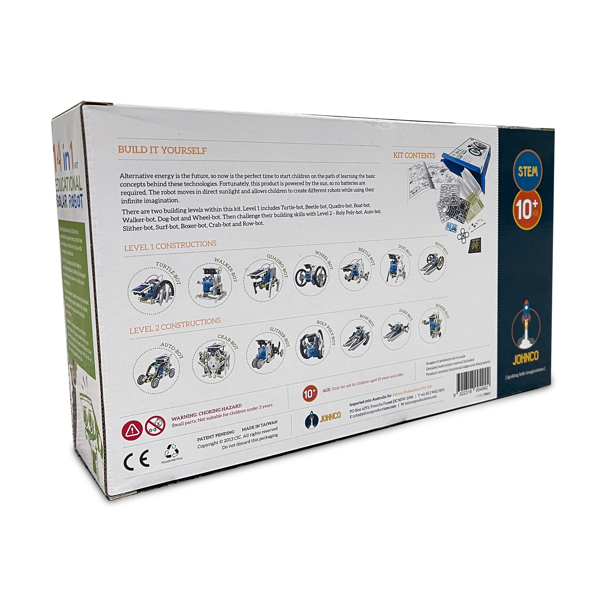 Back of packaging showing different construction models on a white background.