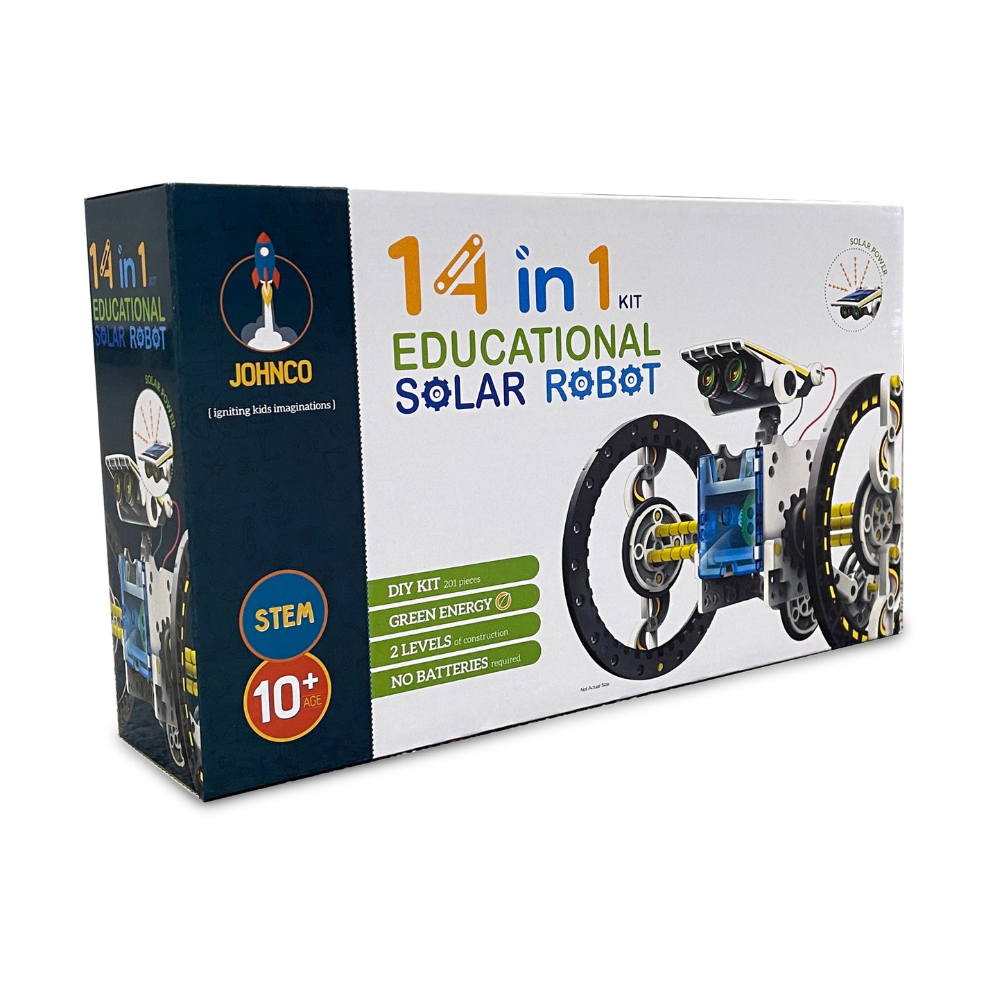 Box packaging for a 14 in 1 Educational Solar Robot kit showing the product and the text indicating STEM and suitable age of 10+.