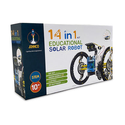 Box packaging for a 14 in 1 Educational Solar Robot kit showing the product and the text indicating STEM and suitable age of 10+.
