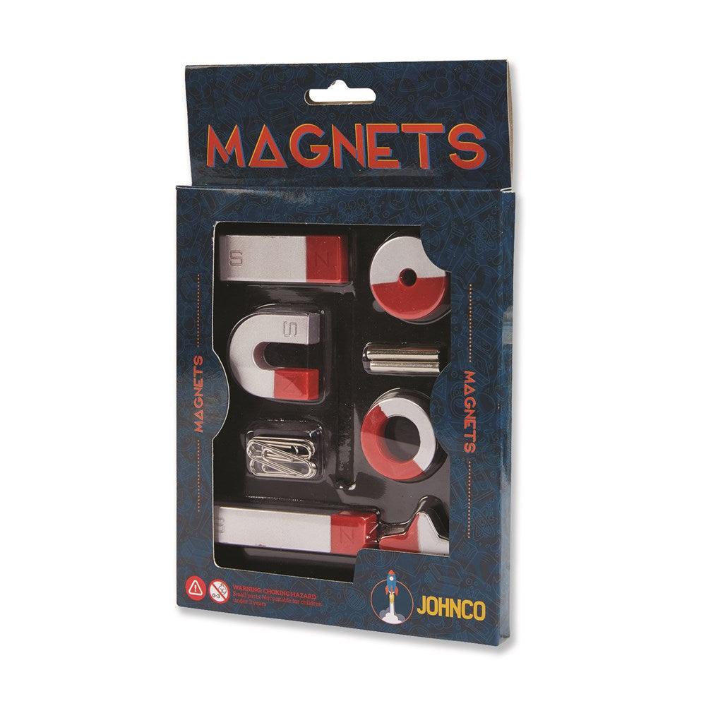 An 8-piece magnet set by JOHNCO, packaged in a clear plastic box with a blue and red magnetic pole sign, designed for educational play and scientific exploration.
