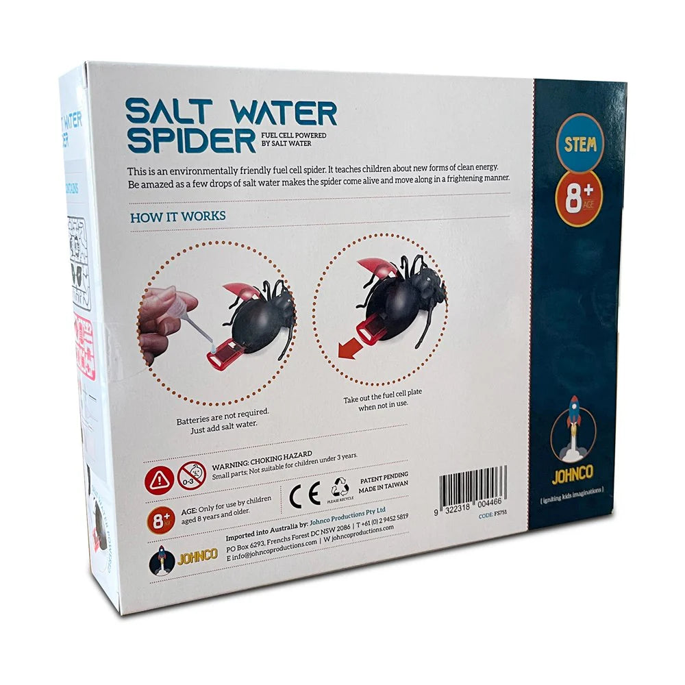 Box of a salt water spider toy with educational content on how it works.