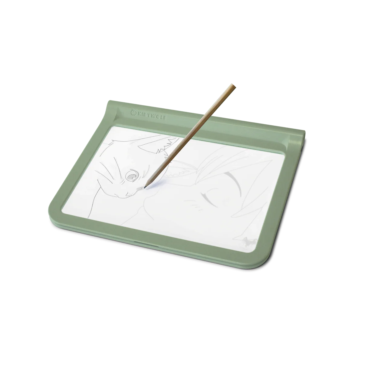 Green drawing board with a white sheet of paper and a wooden stylus on a white background