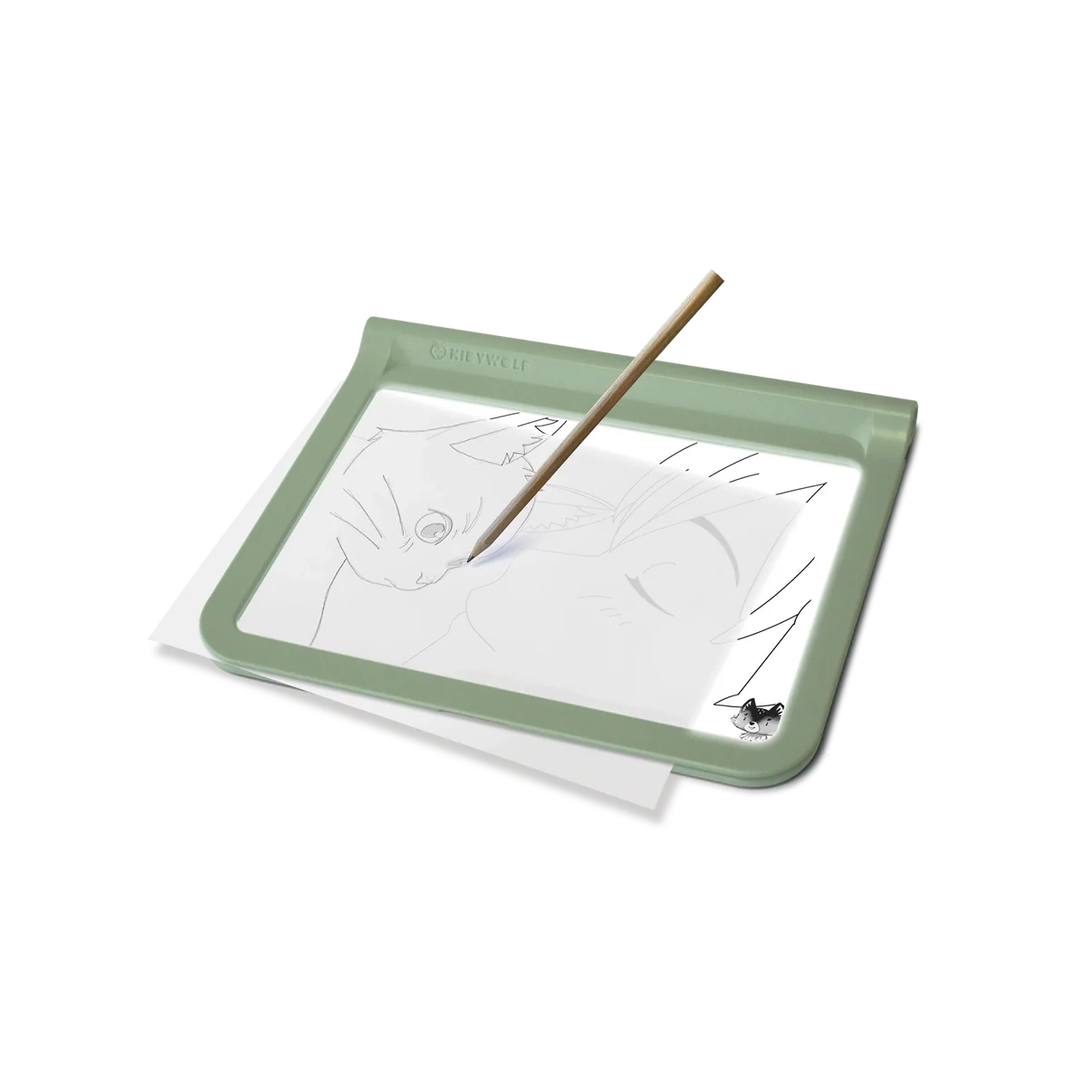 Transparent drawing board with a pen and a printed outline of a cat on a white background