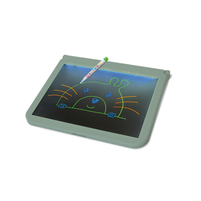 Children's drawing tablet with a green border and a cartoon cat drawing on a white background