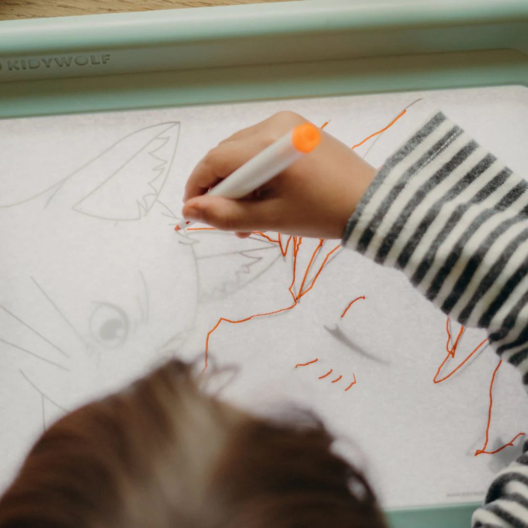 Child drawing with an orange marker on a coloring book, with a cat observing.