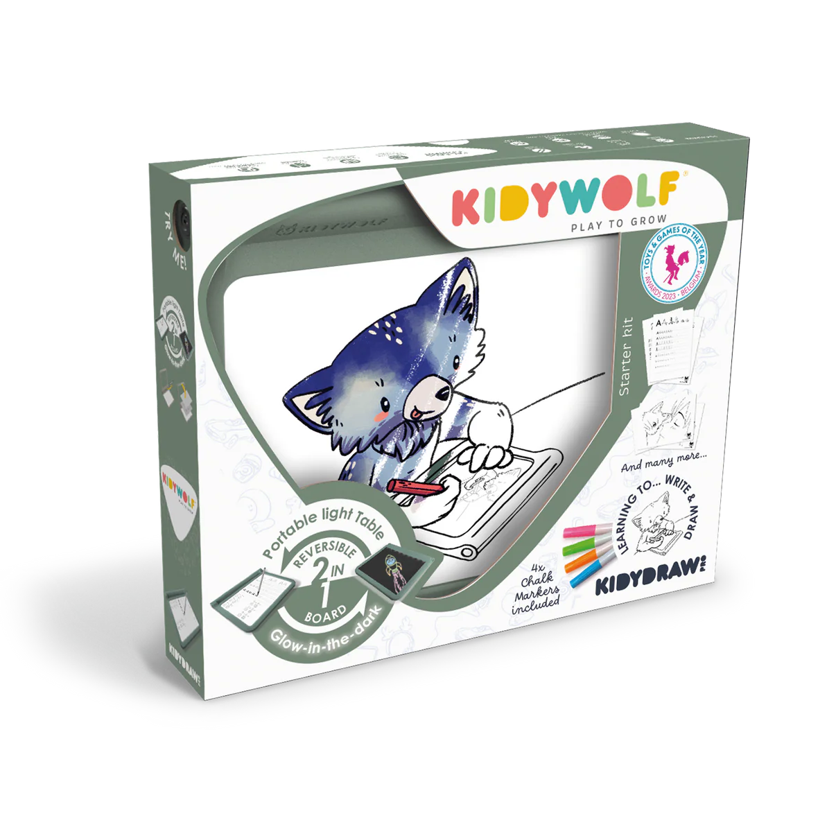 KIDYWOLF packaging with a cartoon cat and text on a white background