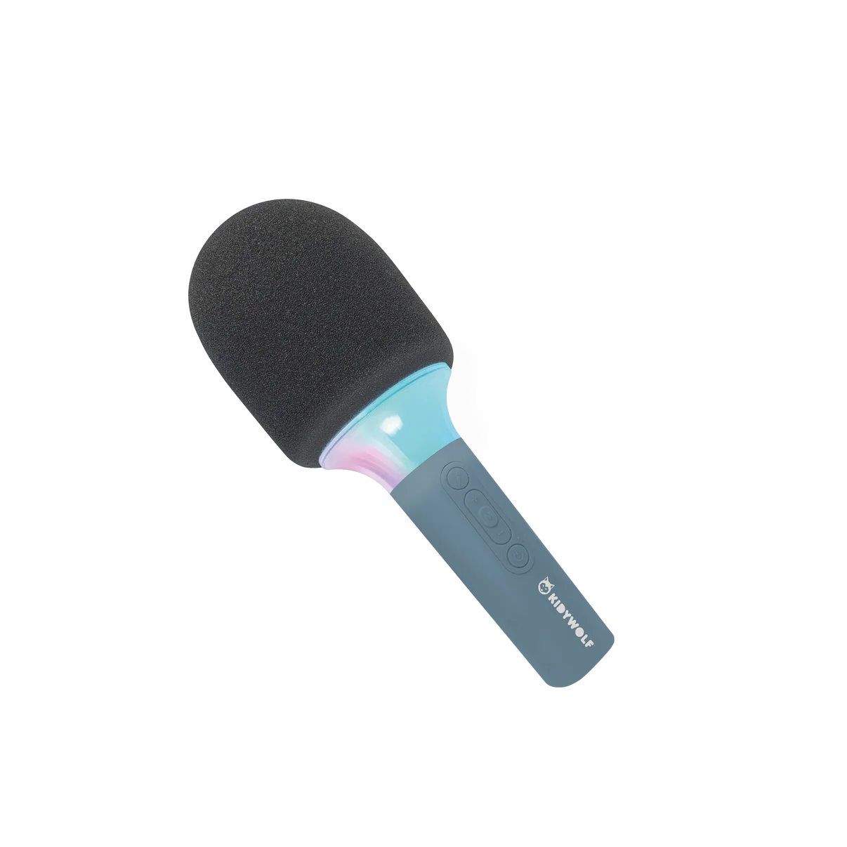 Black and blue microphone-shaped object with a brand logo on a white background