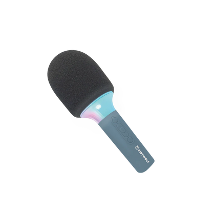 Black and blue microphone-shaped object with a brand logo on a white background