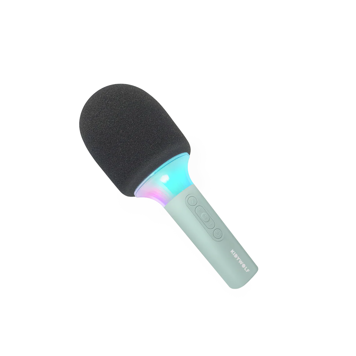 Black and green microphone with colorful light on a white background