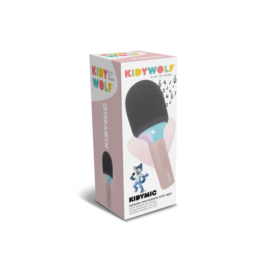 Box of a toy microphone with 'KIDY WOLF' branding on a white background