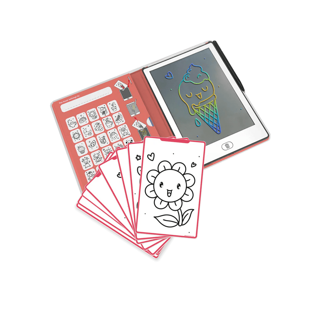 Coloring book with a digital coloring screen displaying a rainbow ice cream cone.