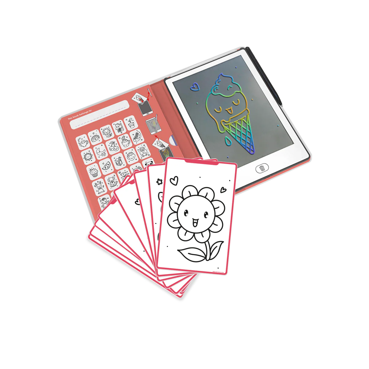 Coloring book with a digital coloring screen displaying a rainbow ice cream cone.