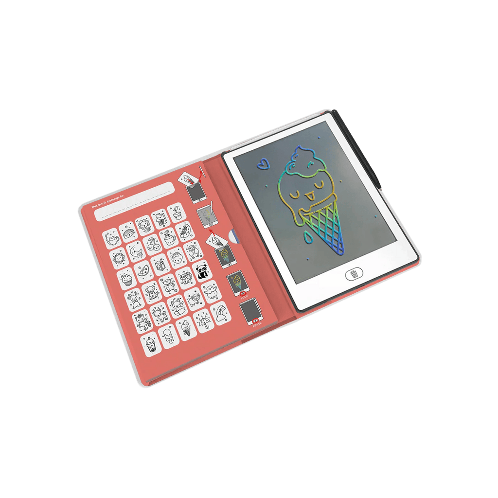 Children's electronic drawing tablet with colorful screen and keyboard on a white background