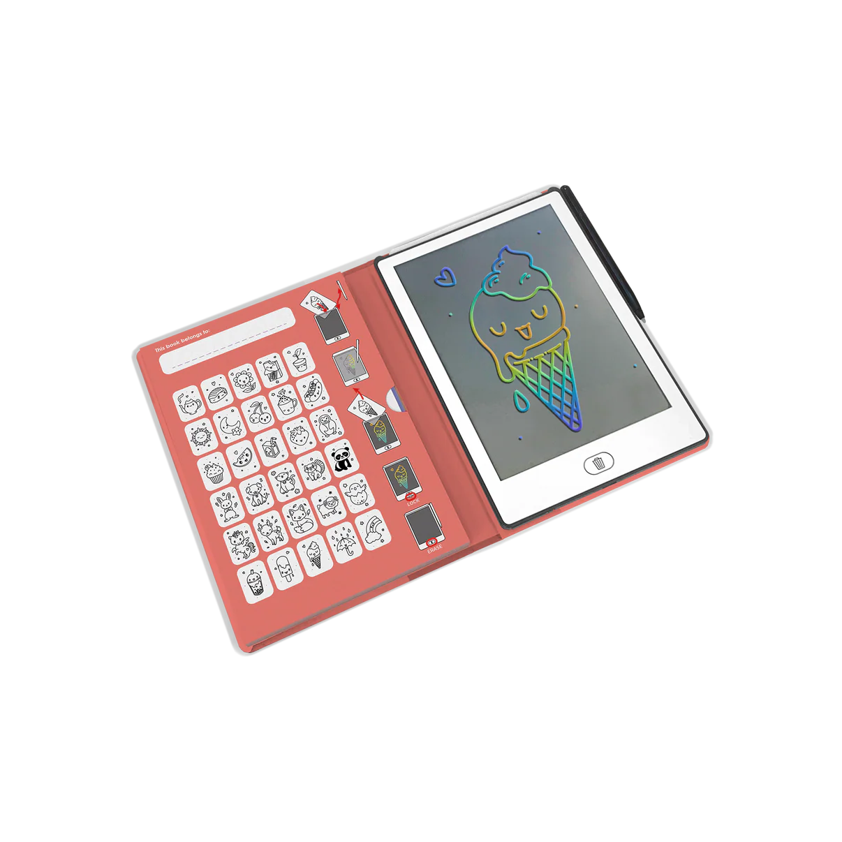 Children's electronic drawing tablet with colorful screen and keyboard on a white background