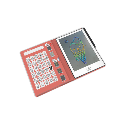 Children's electronic drawing tablet with colorful screen and keyboard on a white background