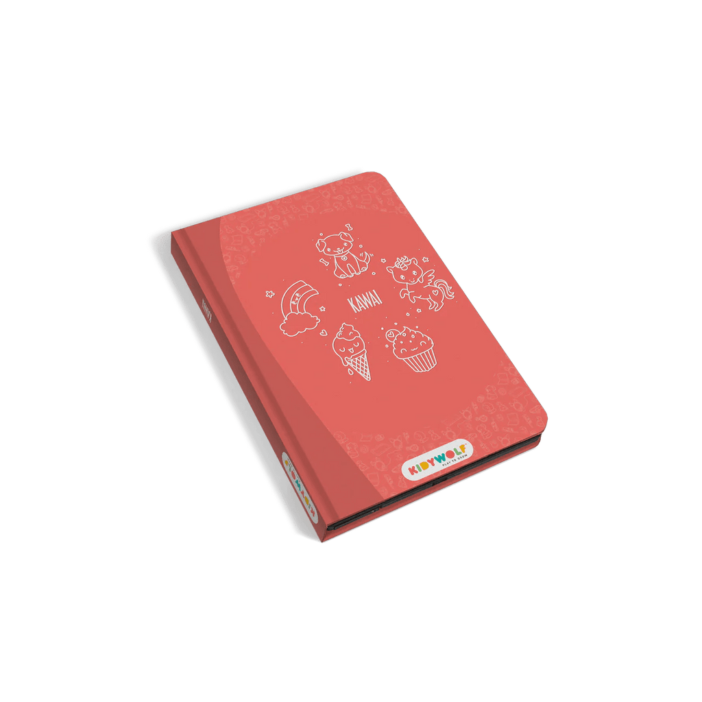 Red notebook with white illustrations on a white background