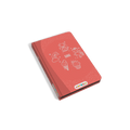 Red notebook with white illustrations on a white background