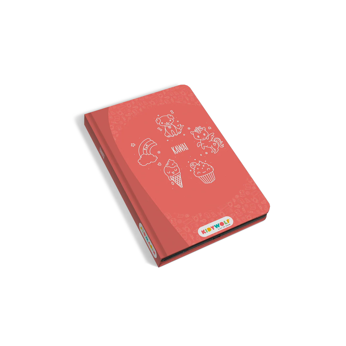 Red notebook with white illustrations on a white background