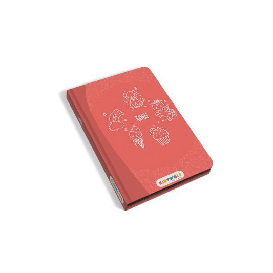 Red notebook with white illustrations on a white background
