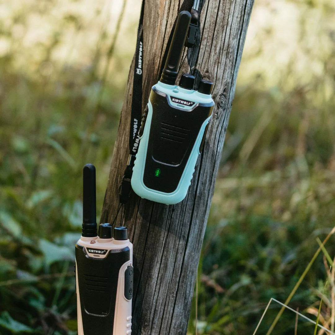 Two walkie talkies attached to a wooden post with a natural background