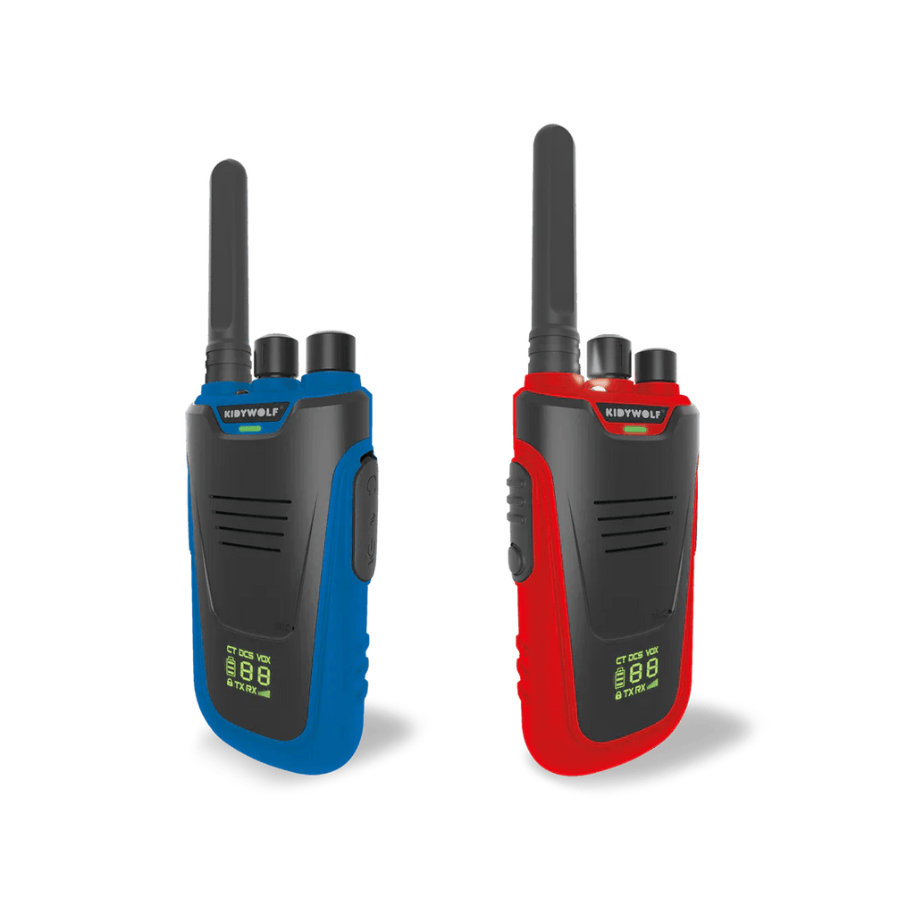 Two walkie talkies, one blue and one red, on a white background.