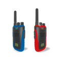 Two walkie talkies, one blue and one red, on a white background.